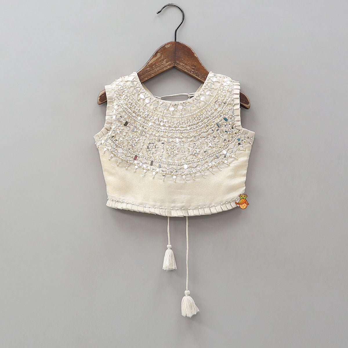 Faux Mirror Hand Work Shimmery Crop Top And Scalloped Lehenga With Matching Dupatta