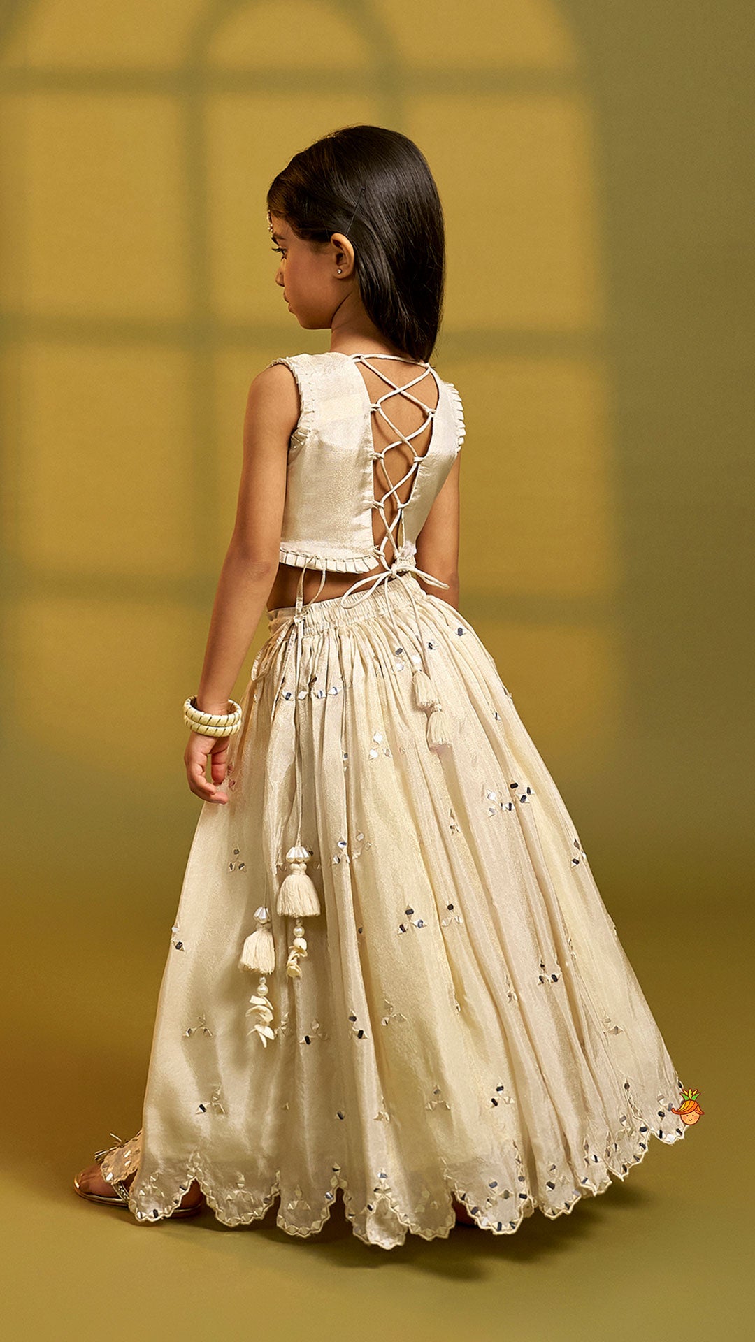 Faux Mirror Hand Work Shimmery Crop Top And Scalloped Lehenga With Matching Dupatta