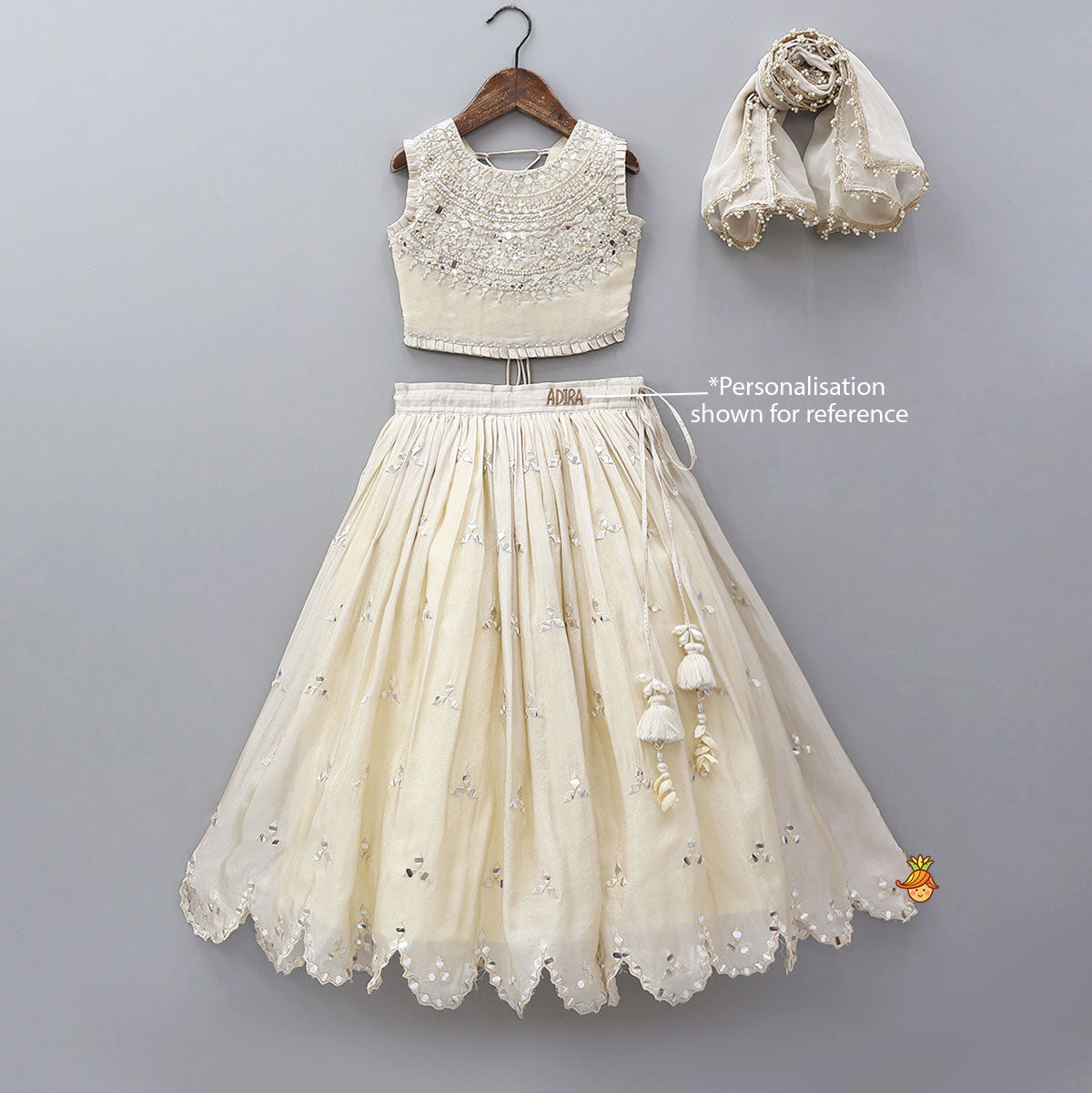 Faux Mirror Hand Work Shimmery Crop Top And Scalloped Lehenga With Matching Dupatta