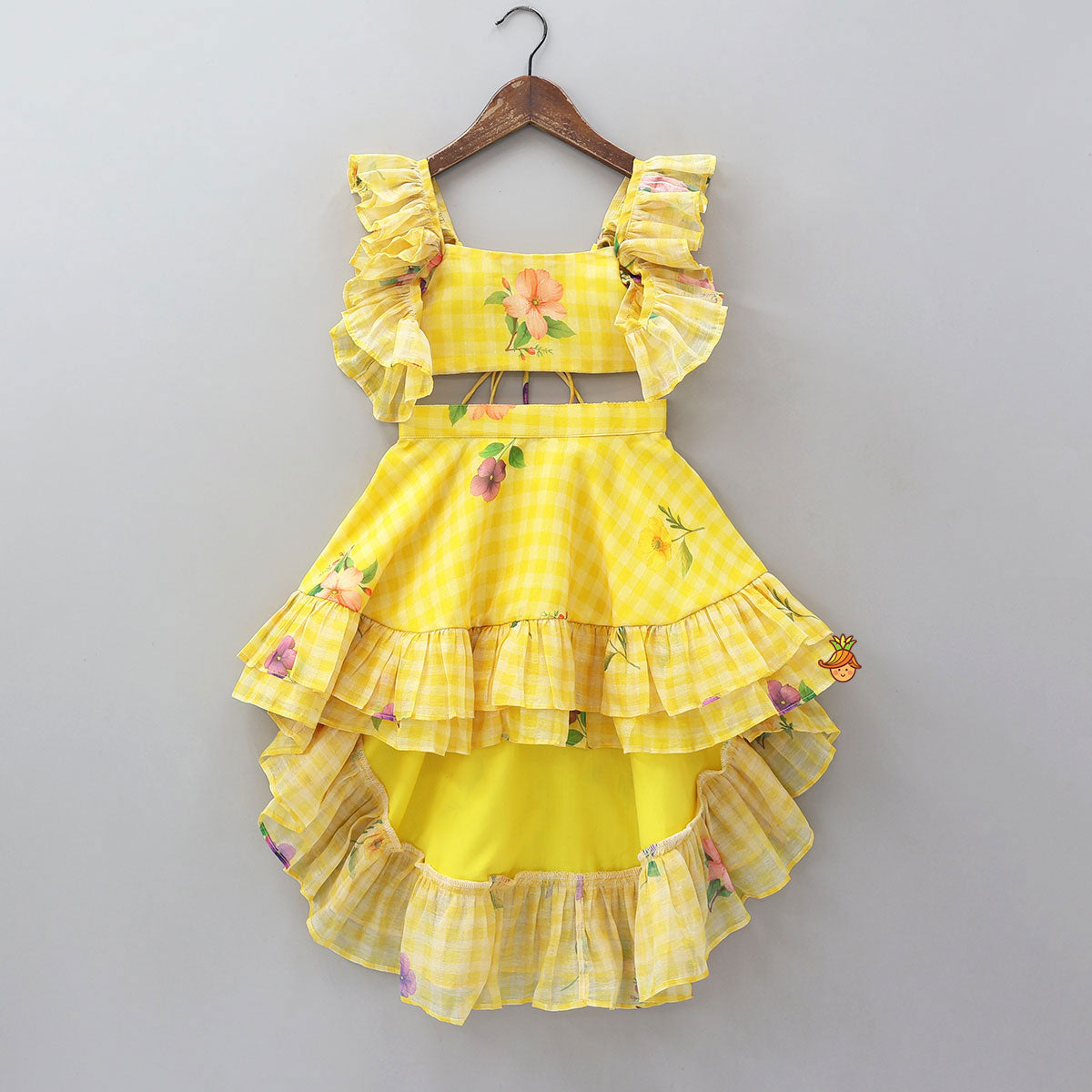 Floral Printed Criss Cross Knot Detail Crop Top And High Low Skirt With Hairband