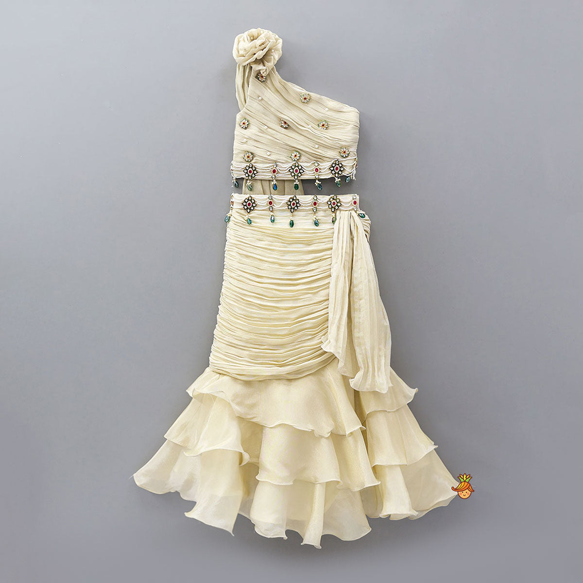 Gorgeous One Shoulder Shimmery Crop Top And Skirt Style Layered Lehenga