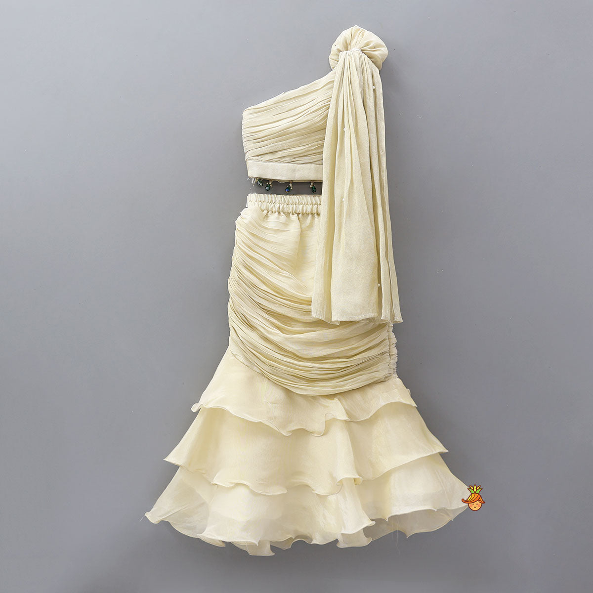 Gorgeous One Shoulder Shimmery Crop Top And Skirt Style Layered Lehenga