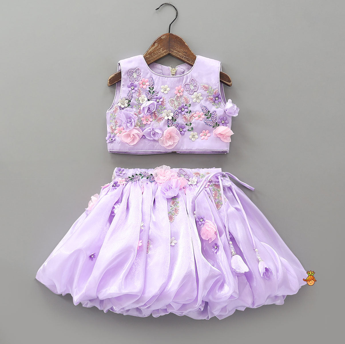 3D Flowers Embellished Sheen Crop Top And Puffy Skirt