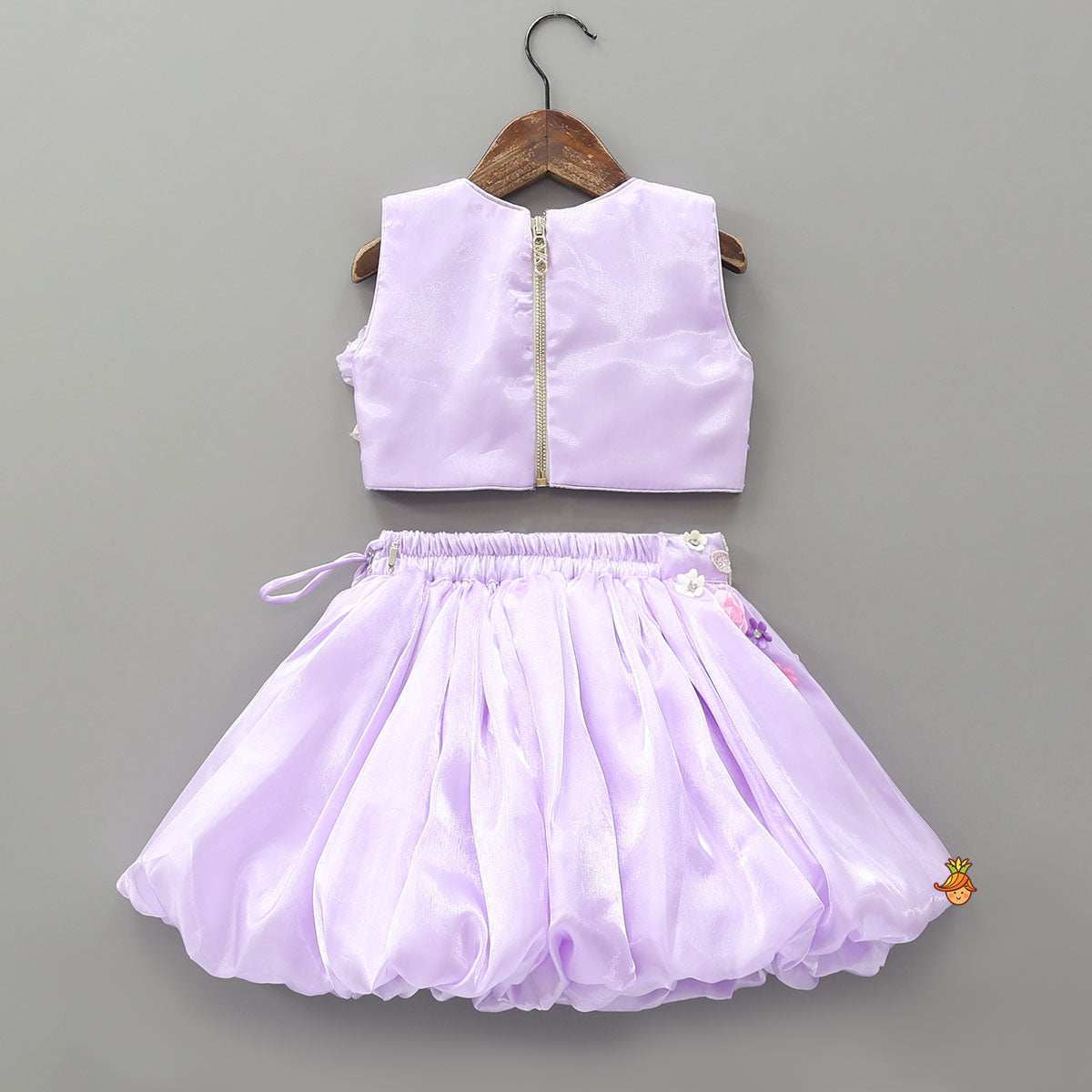 3D Flowers Embellished Sheen Crop Top And Puffy Skirt