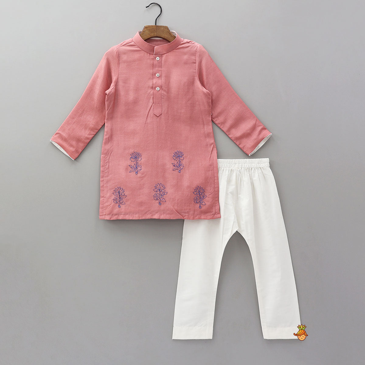 Thread Embroidered Ethnic Kurta With Floral Jacket And Pyjama