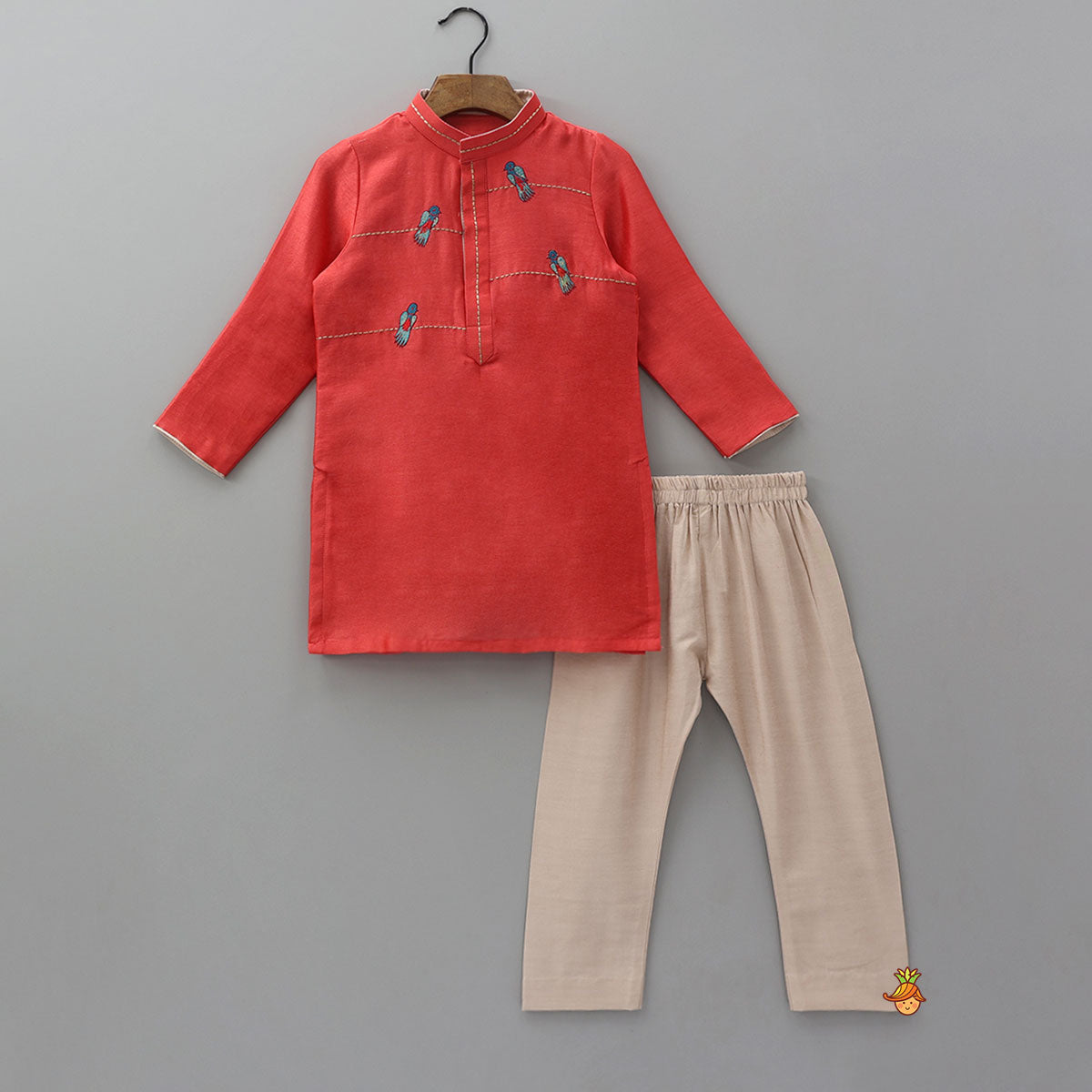 Bird Motif Thread Embroidered Kurta And Pyjama