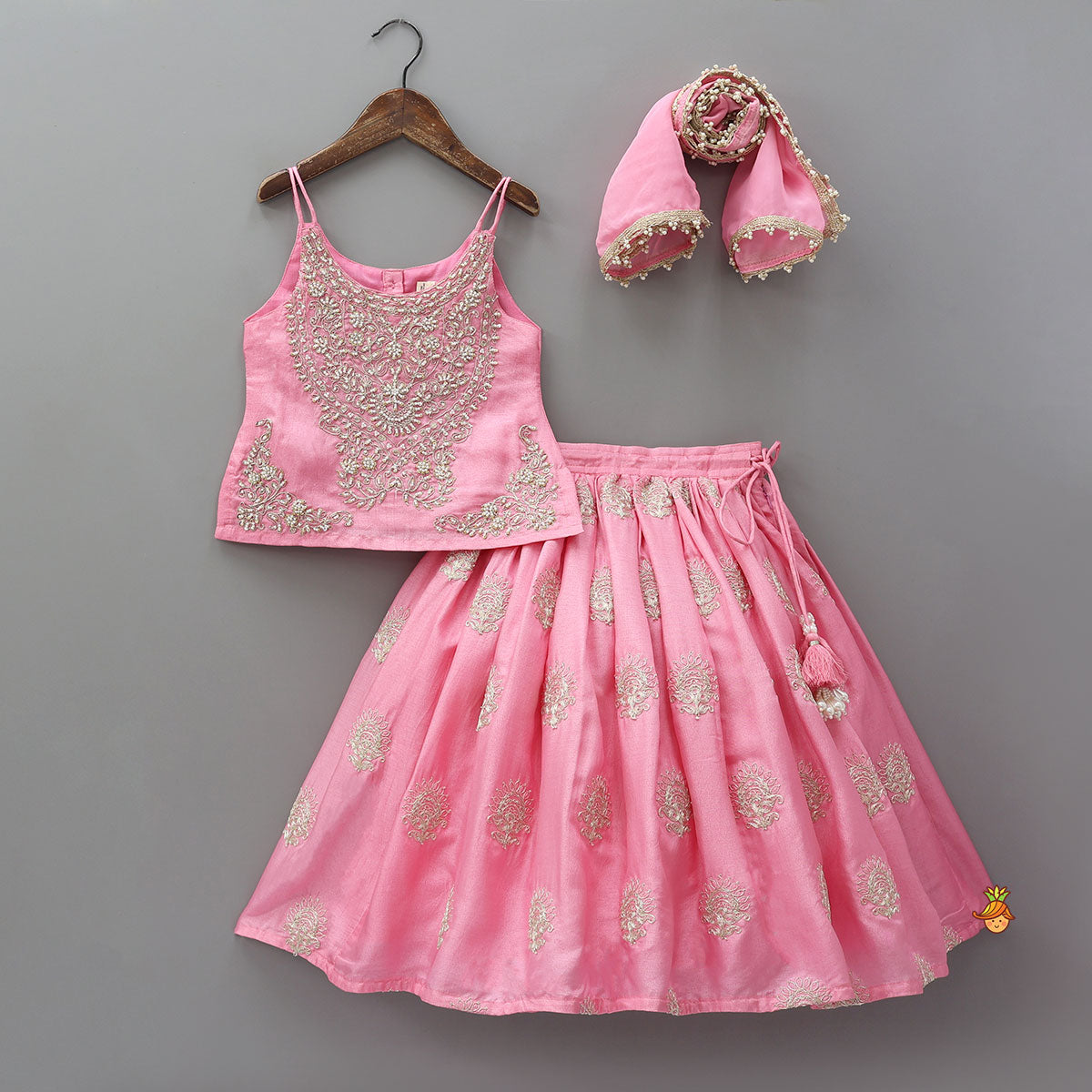 Hand Embroidered Strappy Top And Lehenga With Dupatta