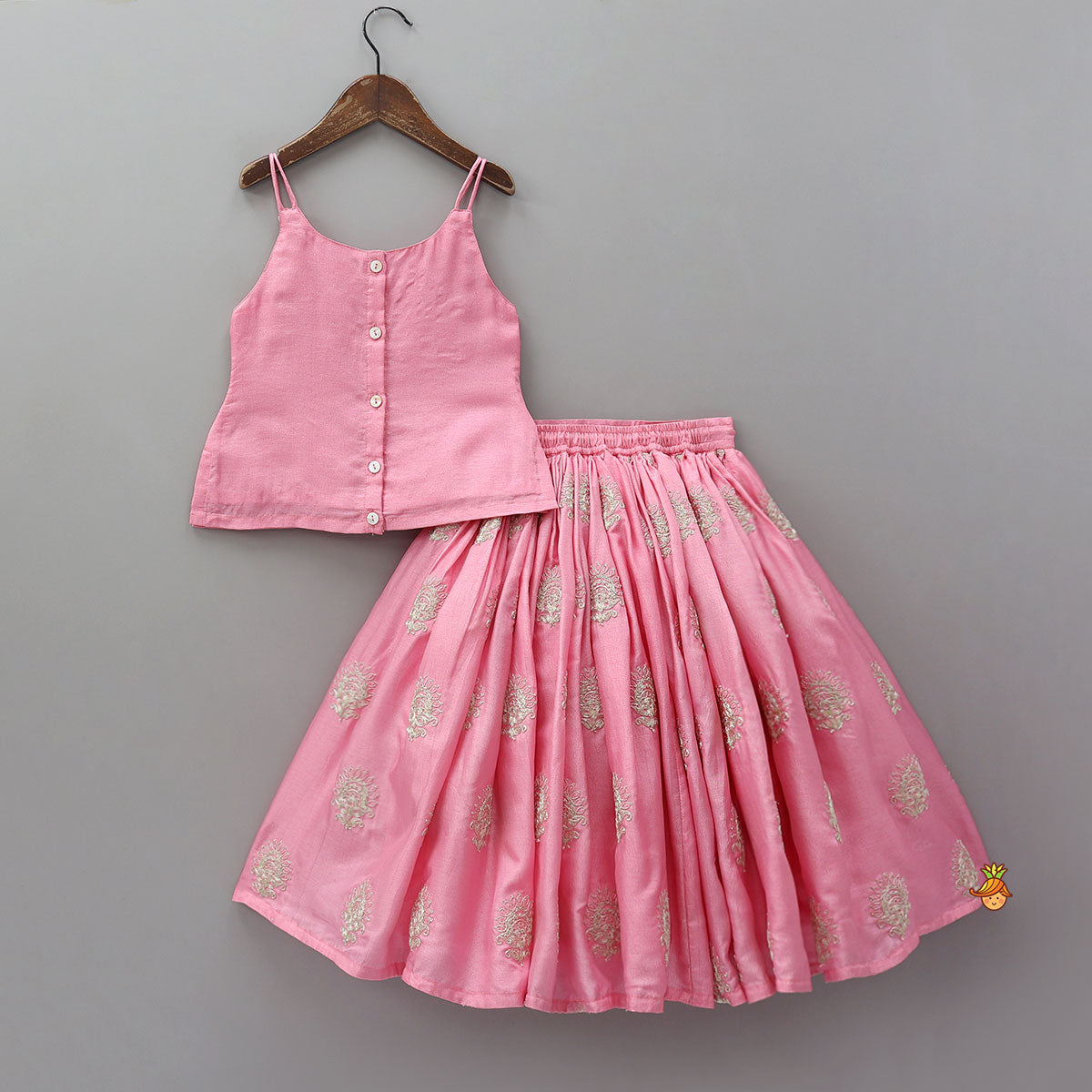 Hand Embroidered Strappy Top And Lehenga With Dupatta