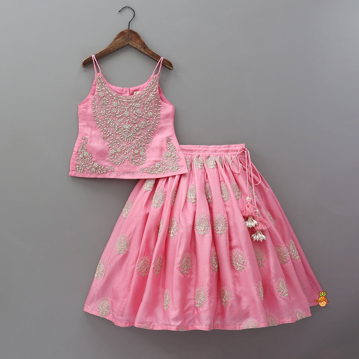 Hand Embroidered Strappy Top And Lehenga With Dupatta