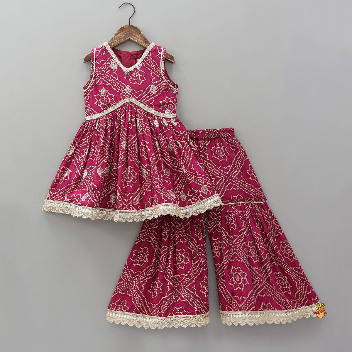 Bandhani Printed Ethnic Kurti With Sharara And Matching Dupatta