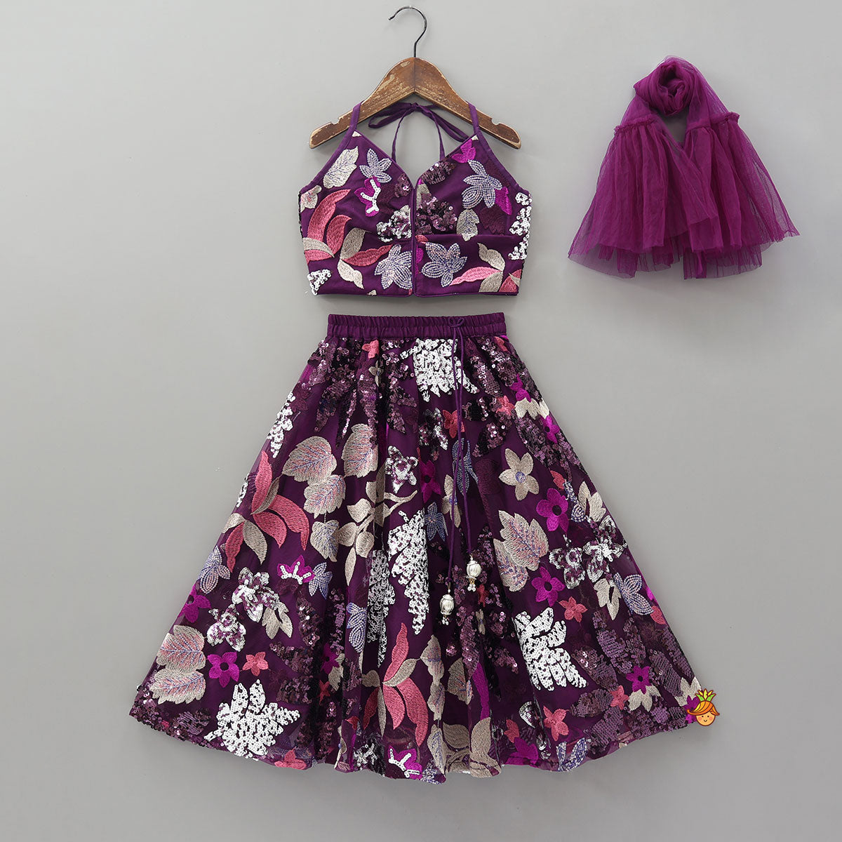 Floral Sequins Embroidered Halter Crop Top And Flared Lehenga With Dupatta