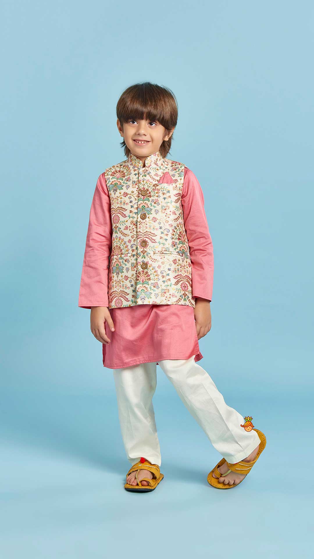 Kurta With Floral Printed Thread Work Jacket And Pyjama