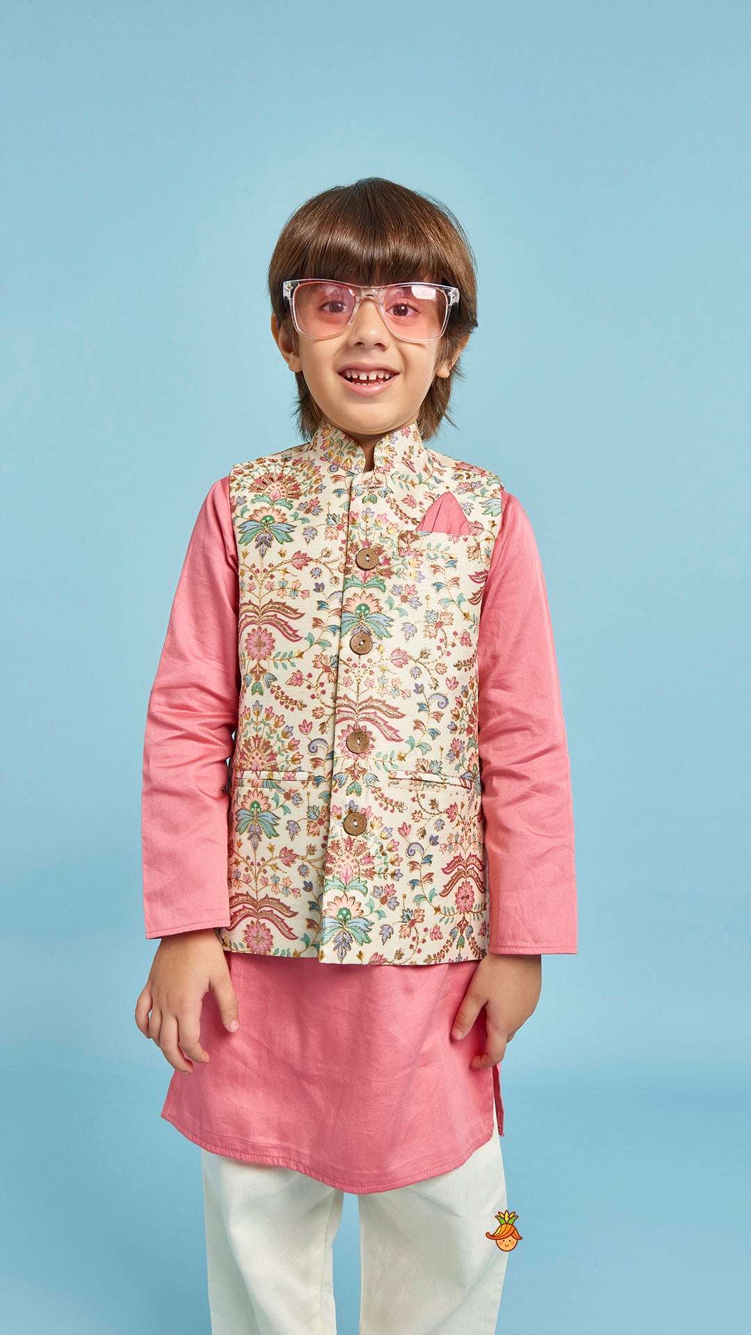 Kurta With Floral Printed Thread Work Jacket And Pyjama