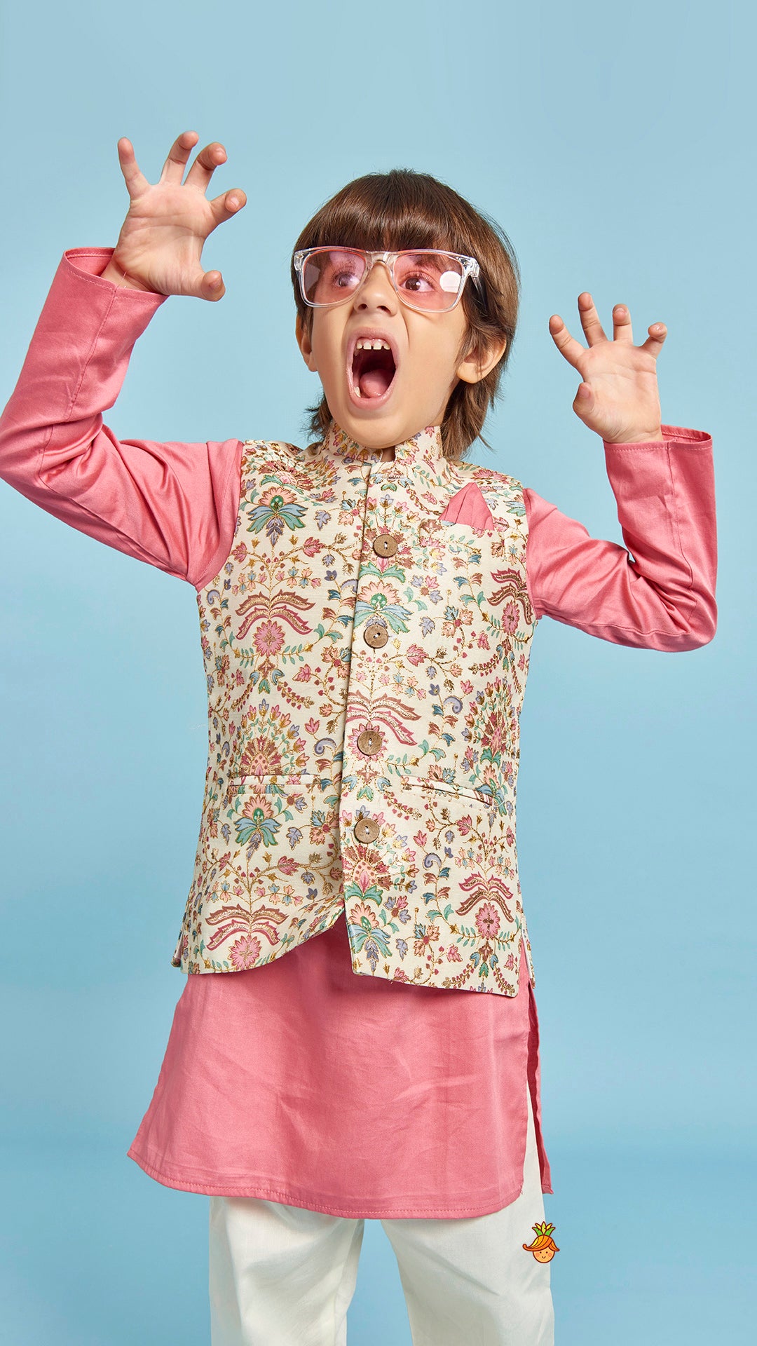 Kurta With Floral Printed Thread Work Jacket And Pyjama