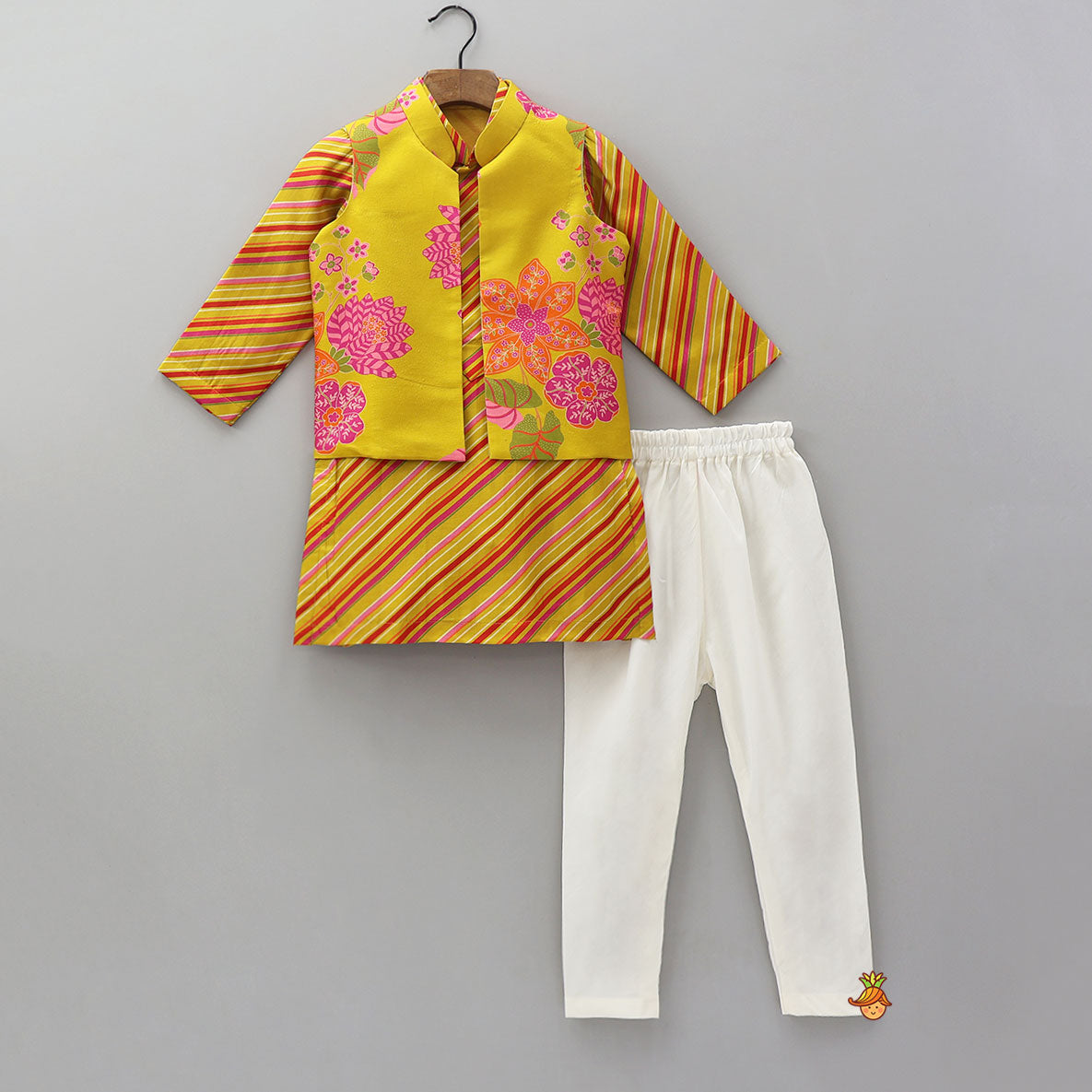 Striped Kurta With Front-Open Floral Jacket And Churidar