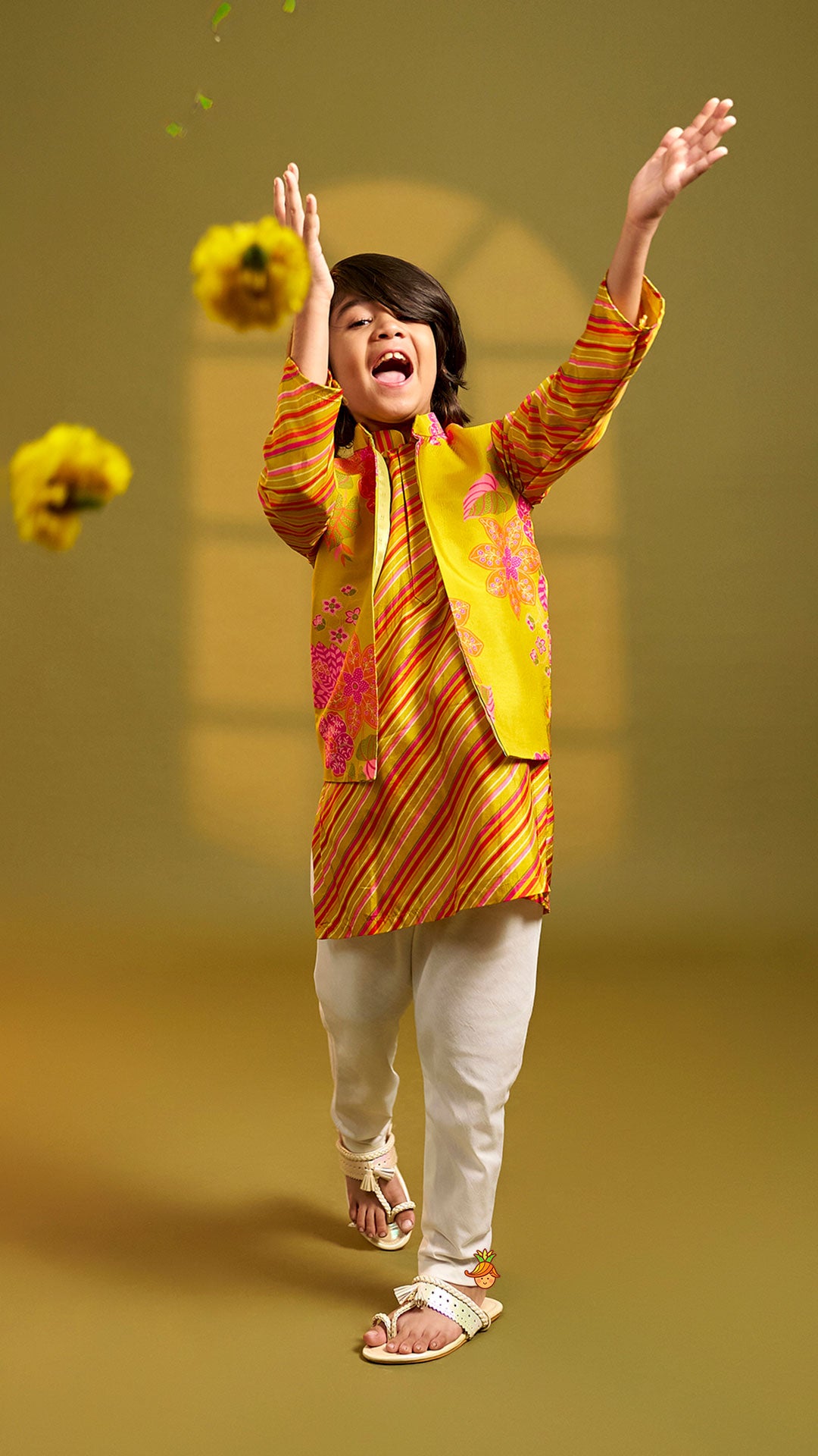 Striped Kurta With Front-Open Floral Jacket And Churidar