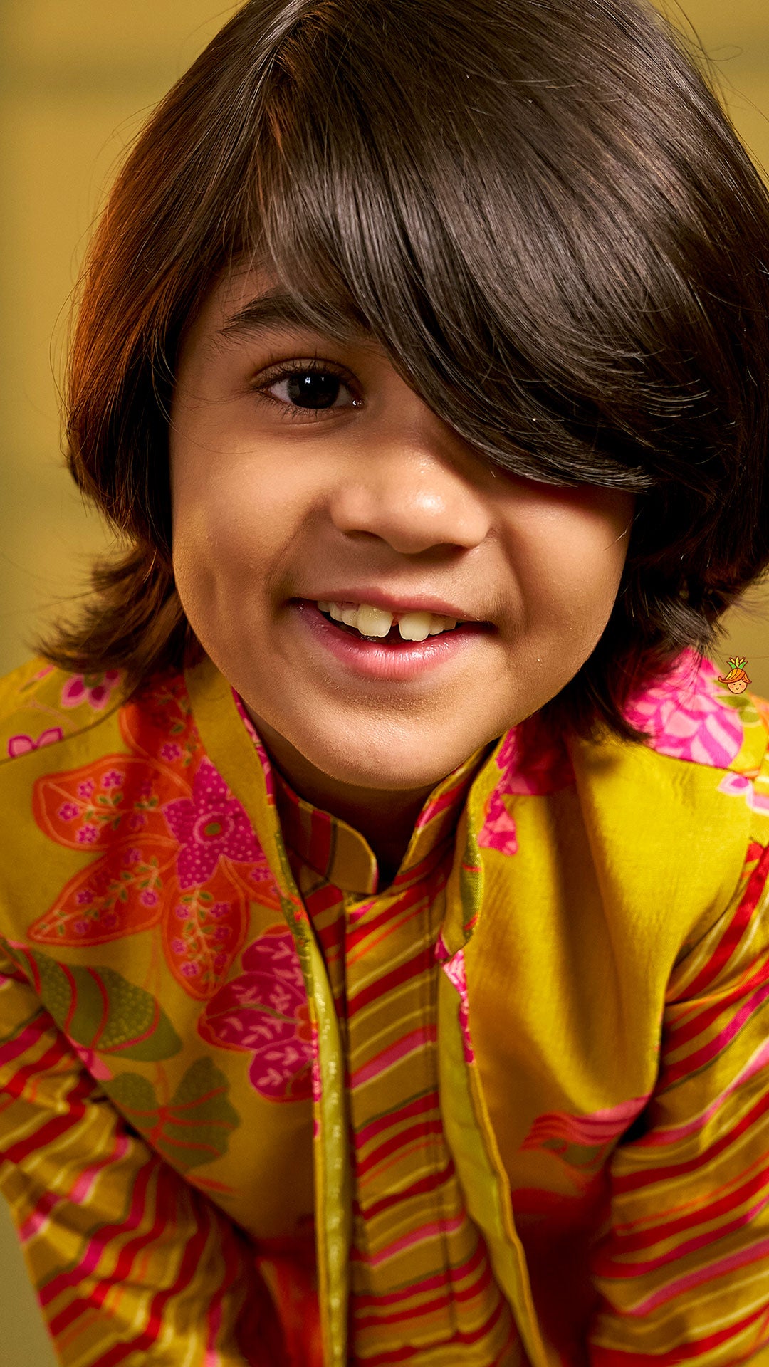 Striped Kurta With Front-Open Floral Jacket And Churidar