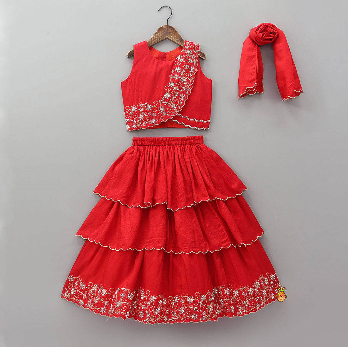 Overlap Style Crop Top and Layered Lehenga With Matching Dupatta