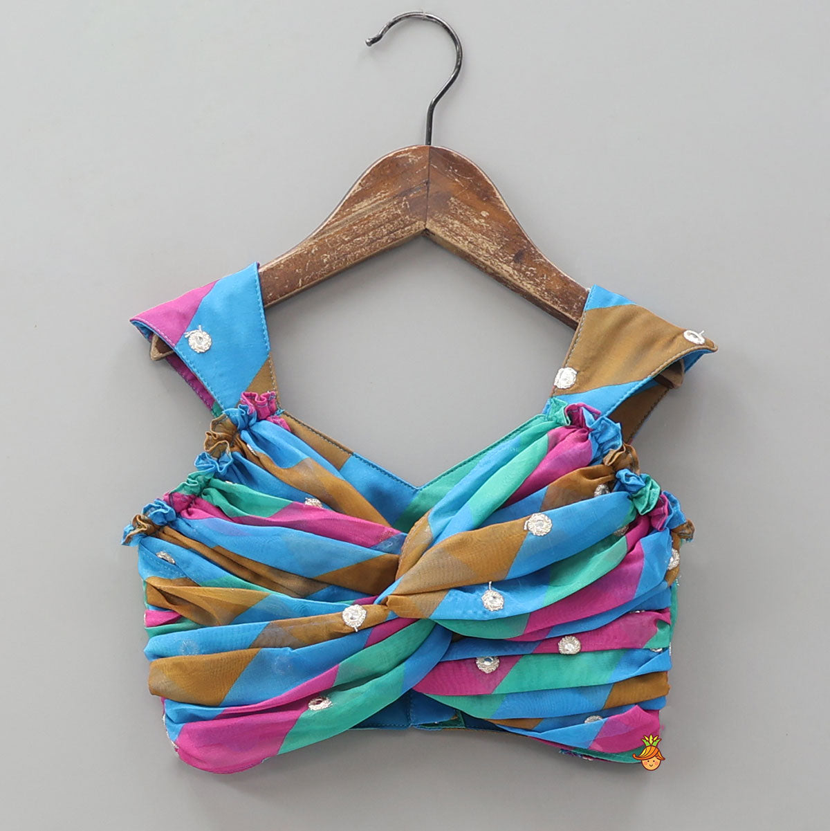 Twisted Gathered Faux Mirror Work Crop Top And Flared Lehenga