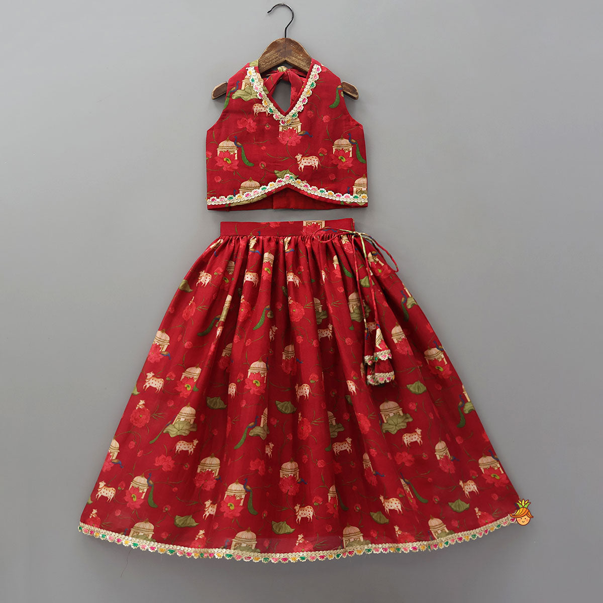 Ethnic Print Halter Neck Crop Top With Flared Lehenga