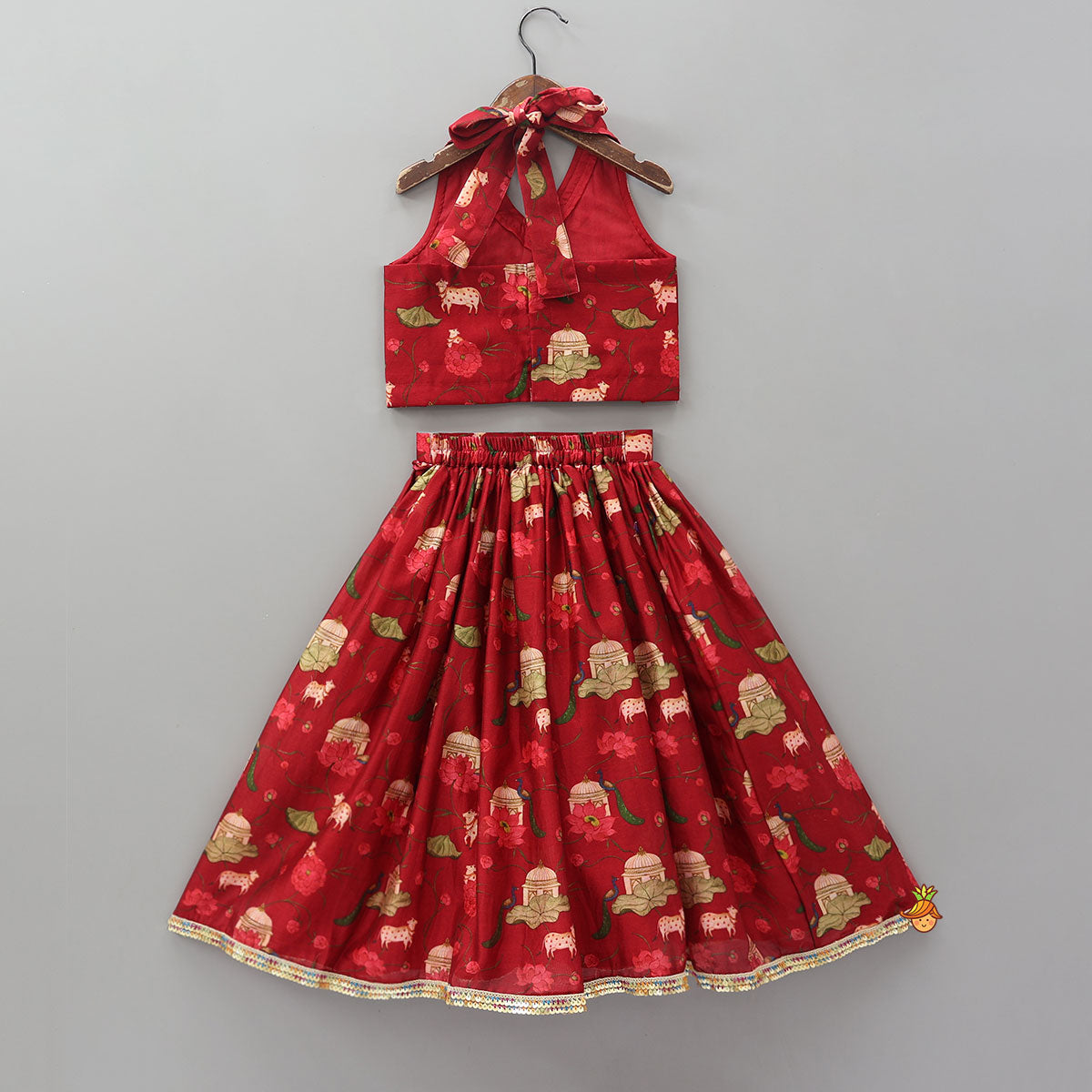 Ethnic Print Halter Neck Crop Top With Flared Lehenga