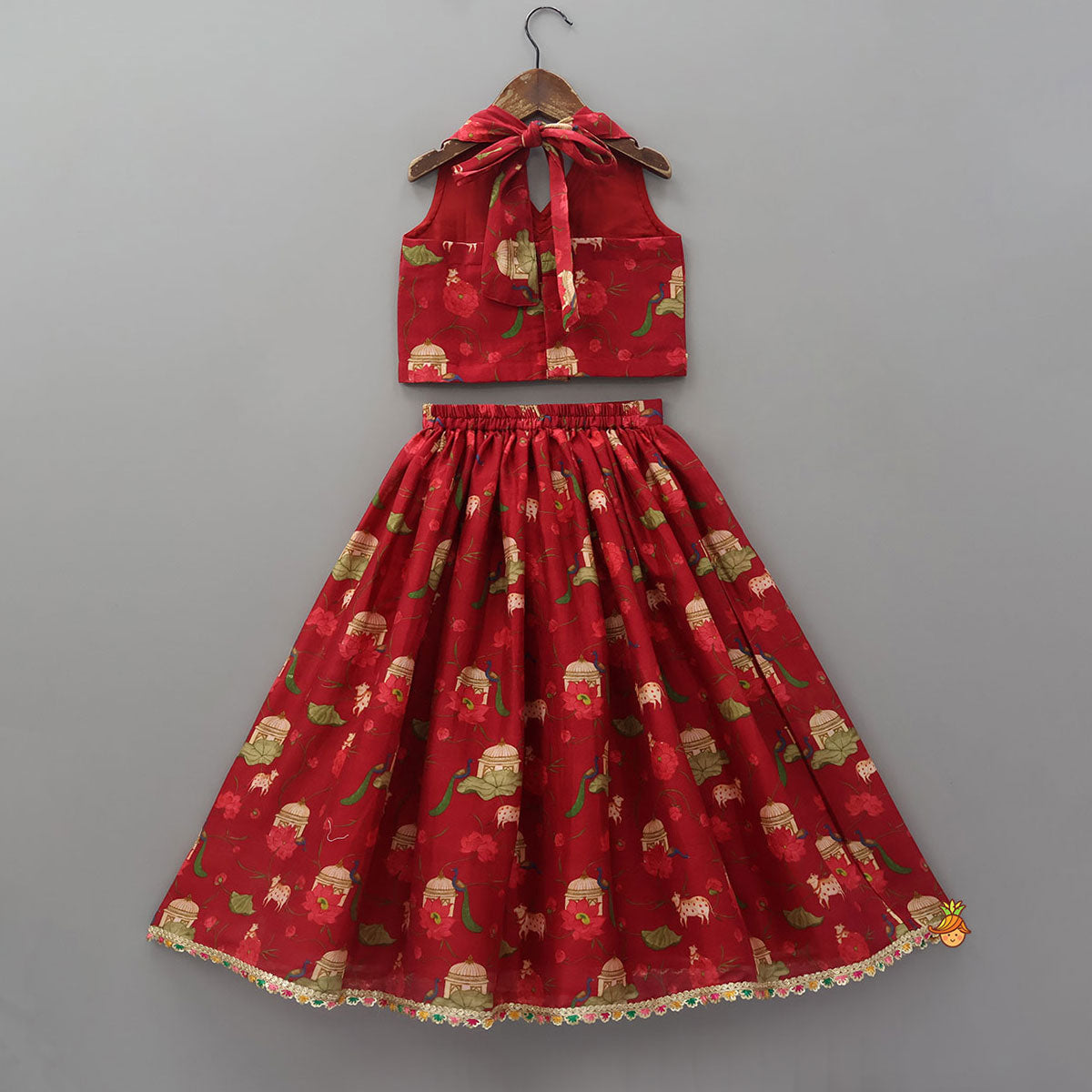 Ethnic Print Halter Neck Crop Top With Flared Lehenga