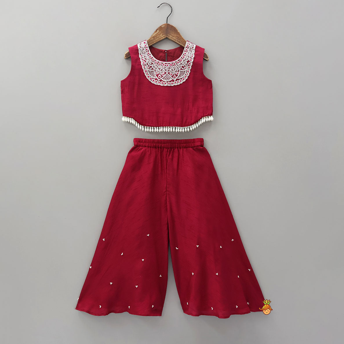 Mysore Silk Beaded Tassel Top And Palazzo Set With Organza Dupatta