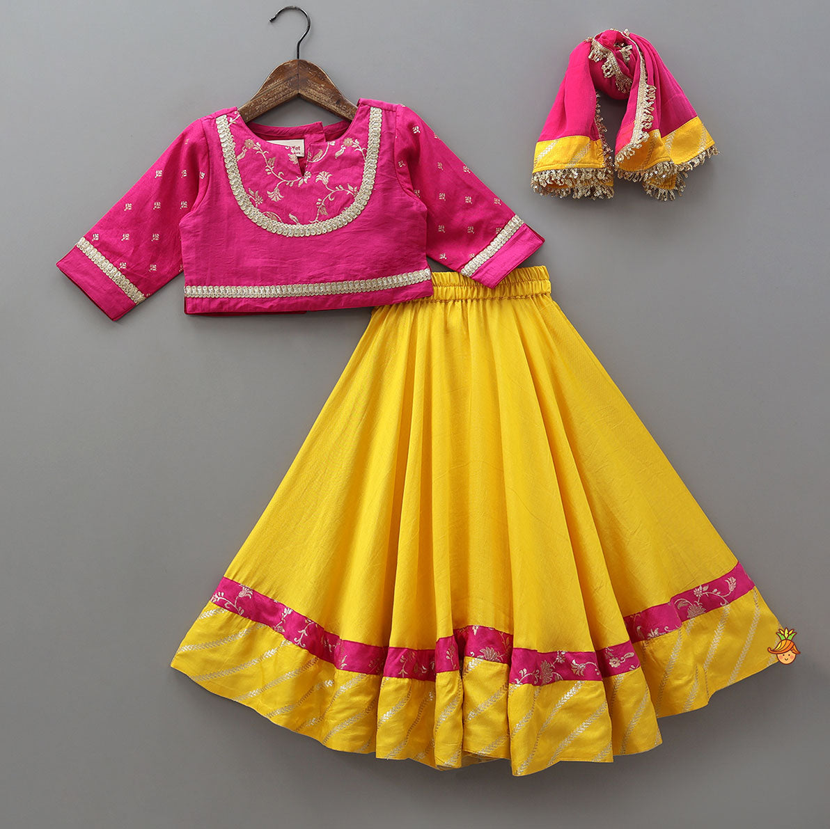 Crop Top And Contrasting Flared Lehenga With Dupatta