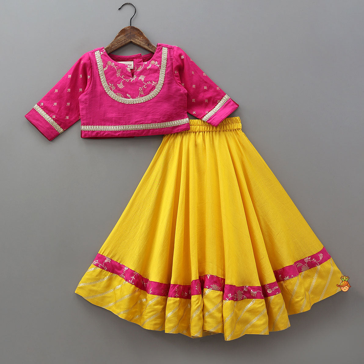 Crop Top And Contrasting Flared Lehenga With Dupatta
