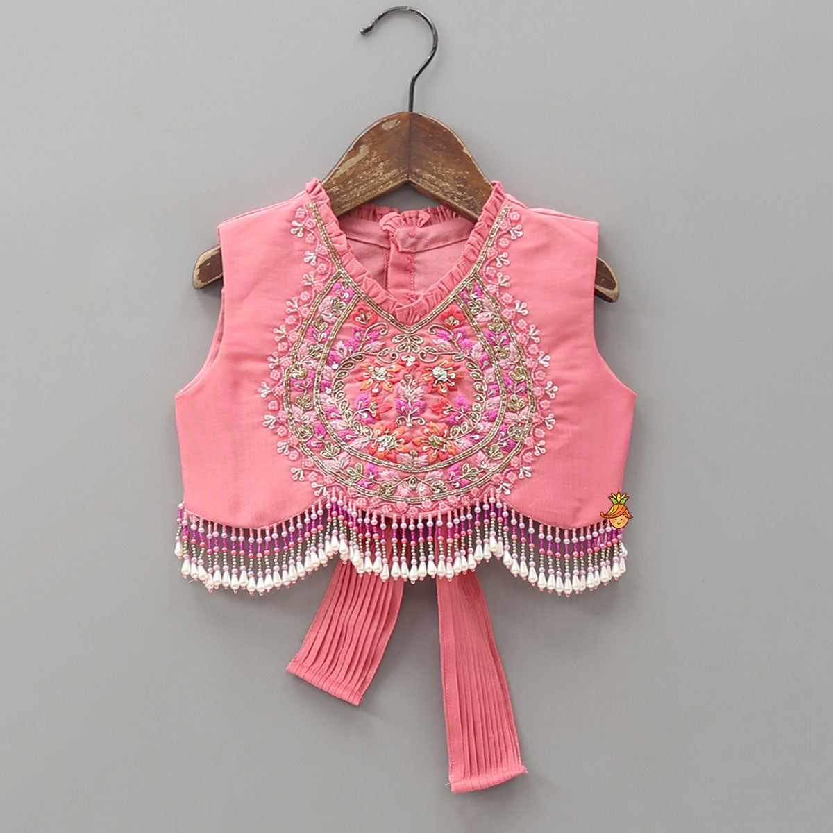 Tassel Detailed Shimmery Crop Top And Layered Lehenga
