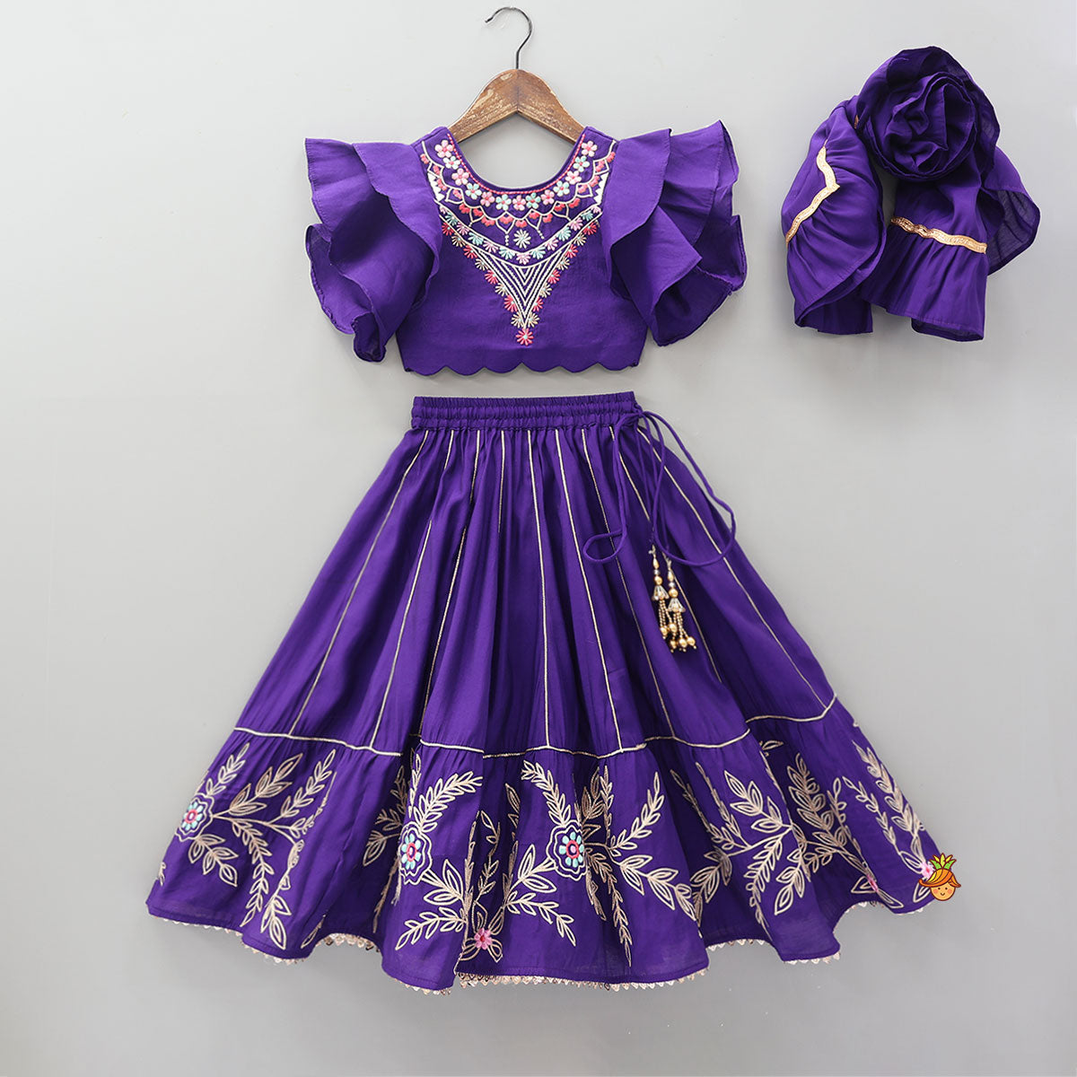 Ruffle Sleeves Top And Lace Work Lehenga With Matching Dupatta