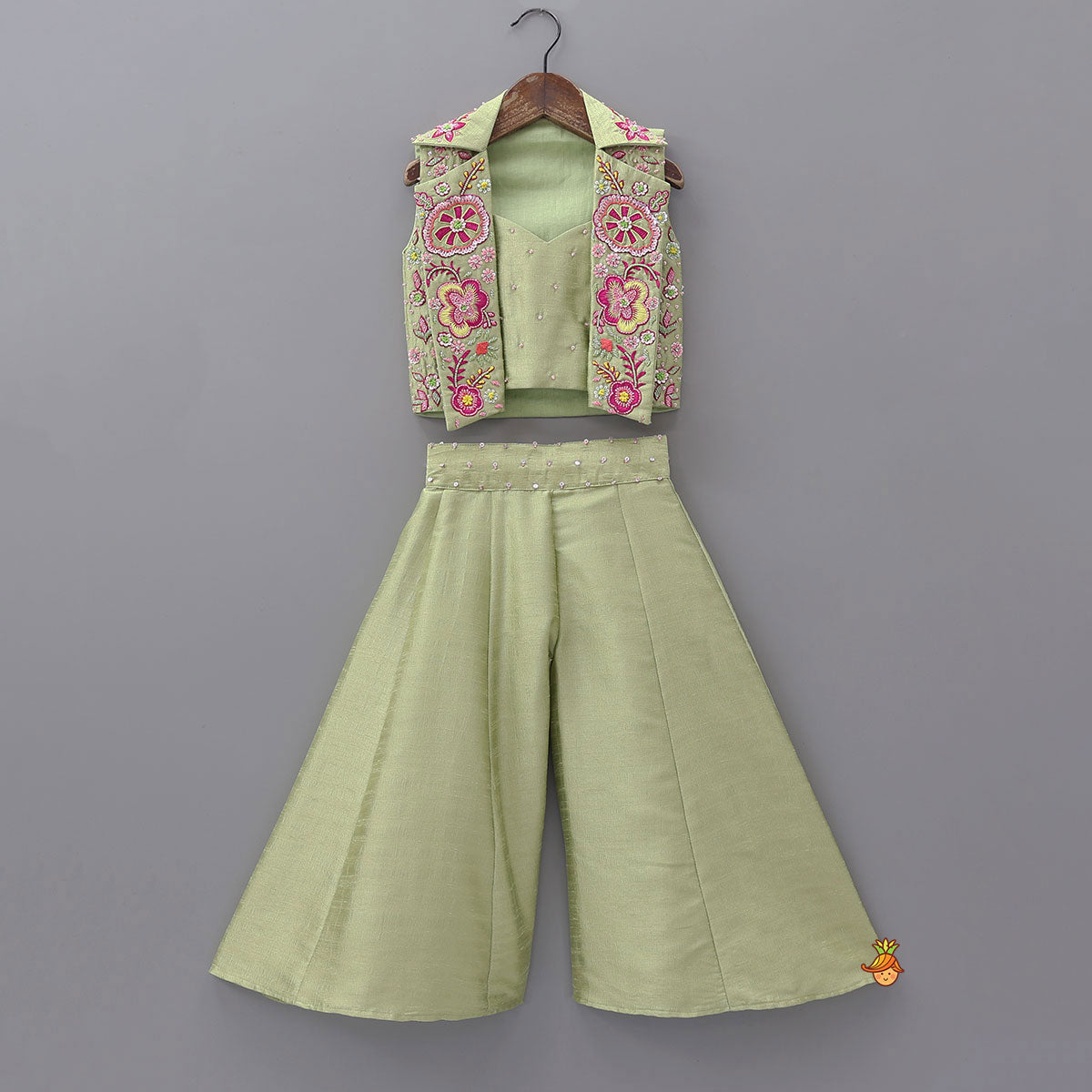 Strappy Crop Top With Intricate Embroidered Jacket And Palazzo