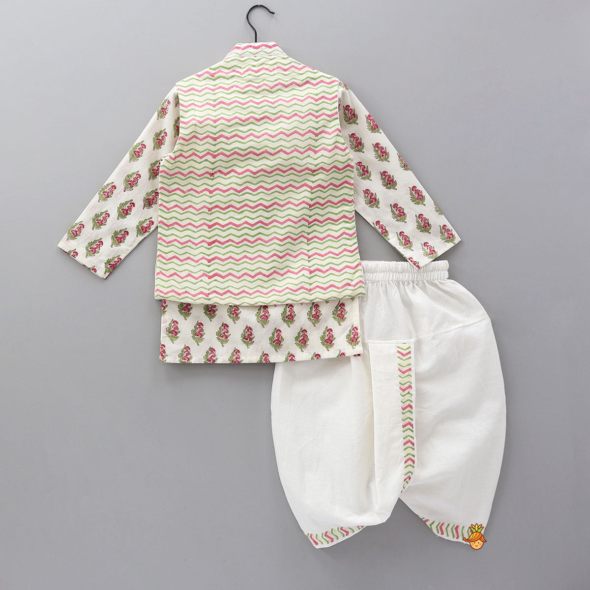 Floral Printed Kurta And Chevron Printed Jacket With Matching Dhoti