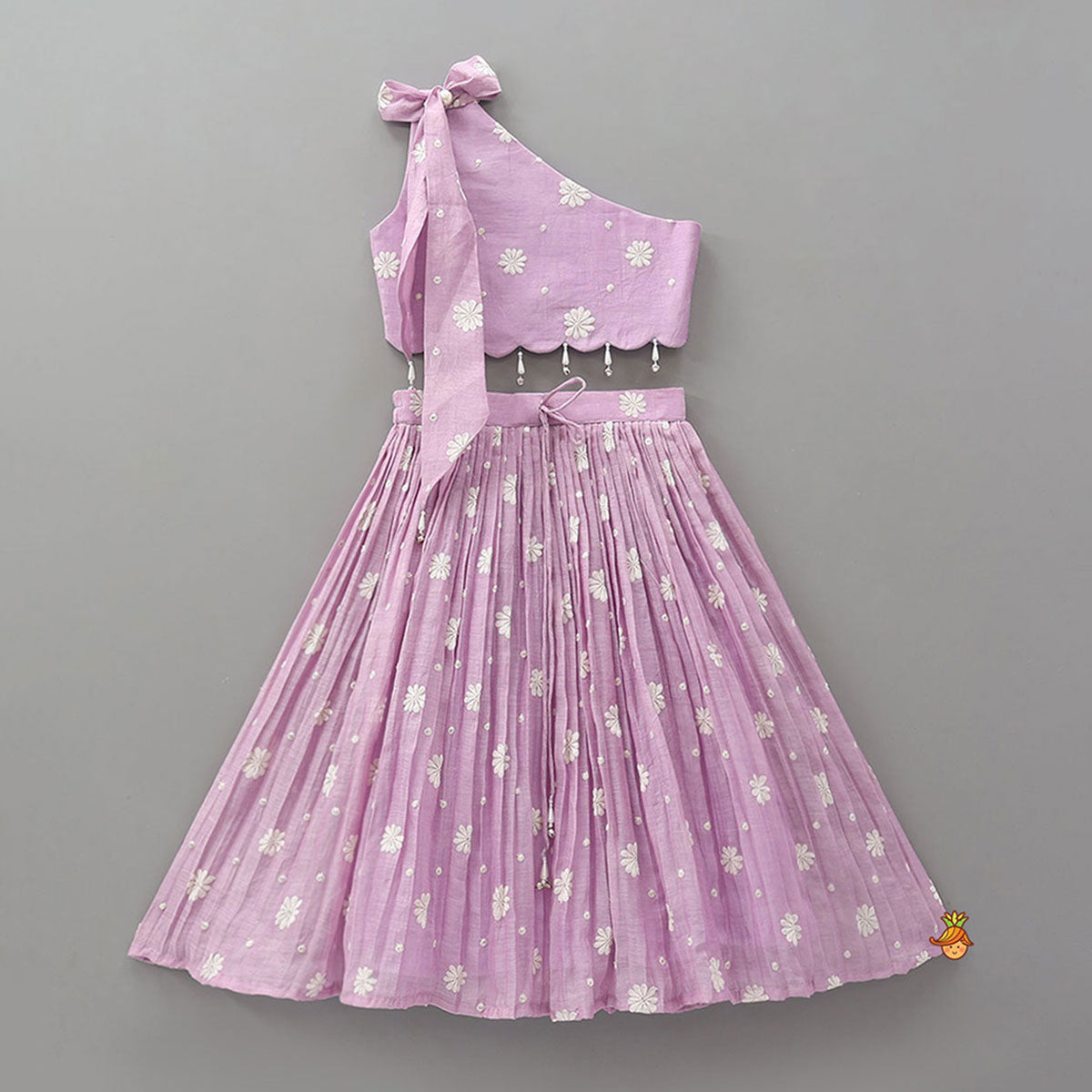 One Shoulder Floral Thread Embroidered Crop Top And Lehenga