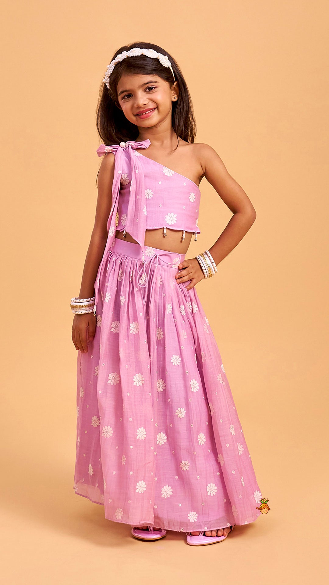 One Shoulder Floral Thread Embroidered Crop Top And Lehenga