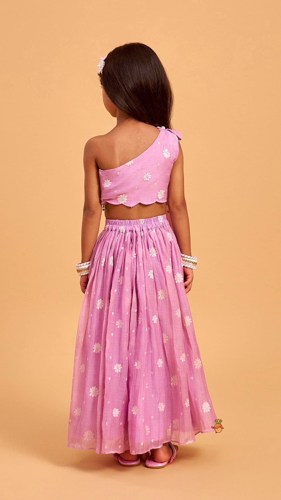One Shoulder Floral Thread Embroidered Crop Top And Lehenga