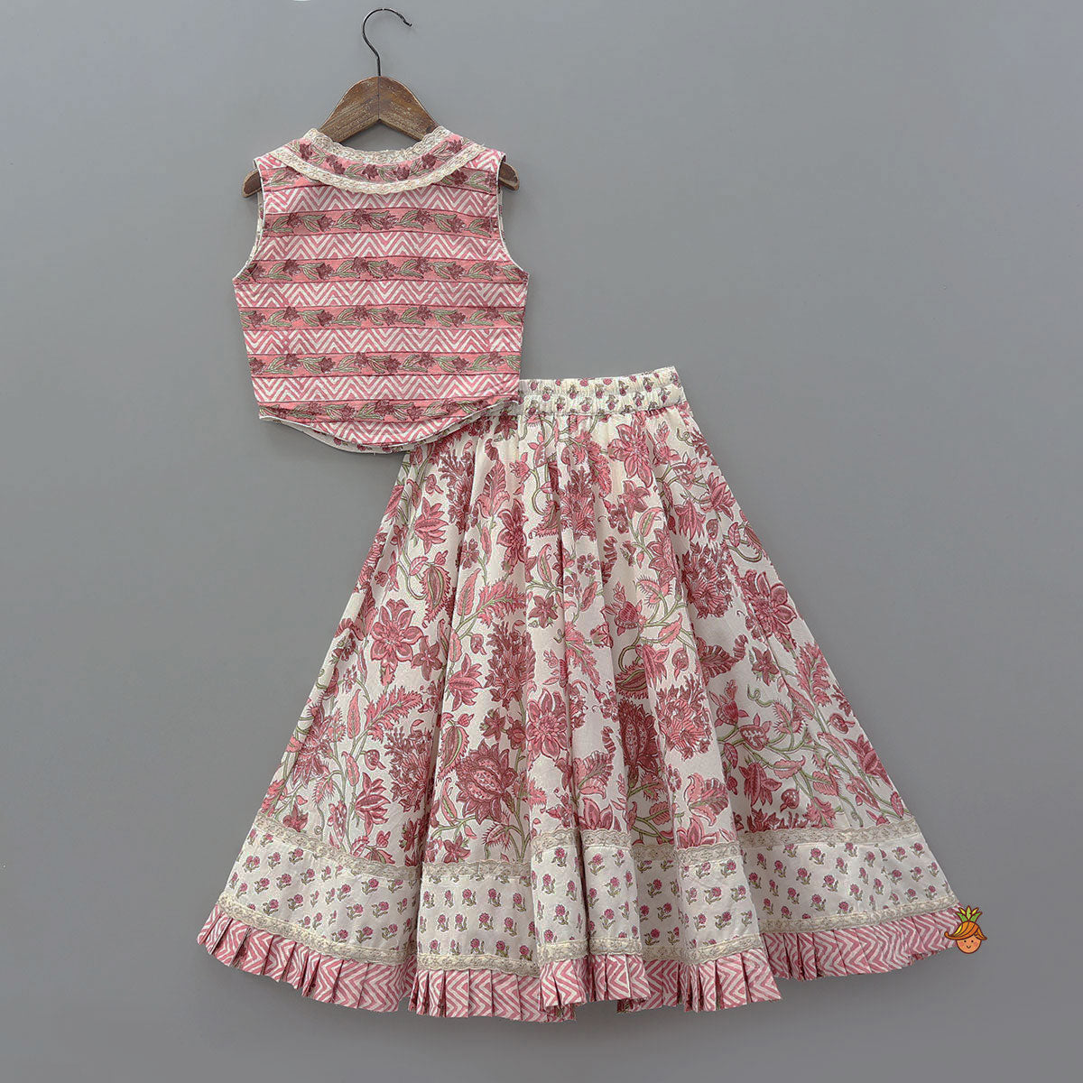 Hand Block Printed Crop Top And Pleated Hem Lehenga With Matching Dupatta