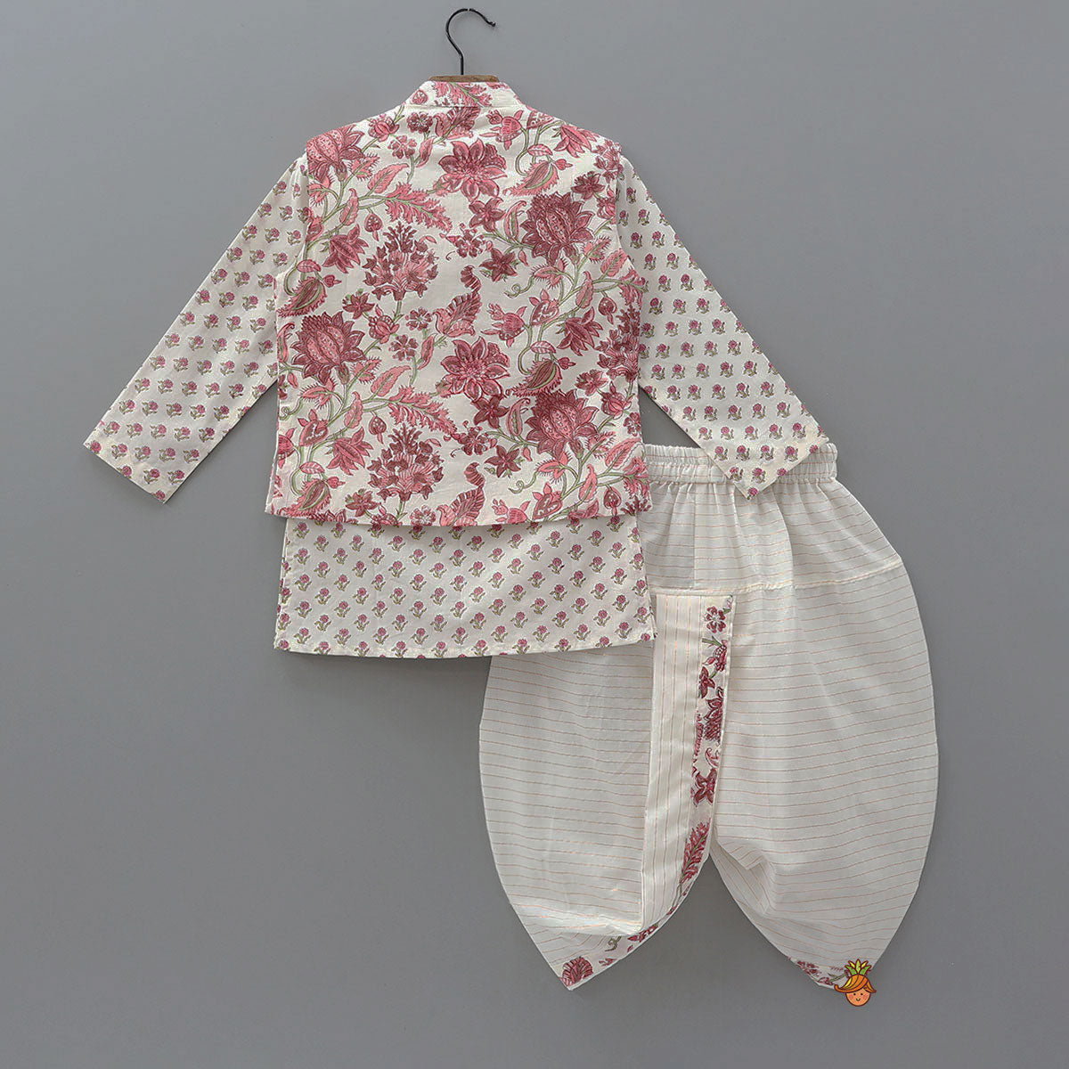 Floral Printed Kurta And Matching Jacket With Lurex Striped Dhoti