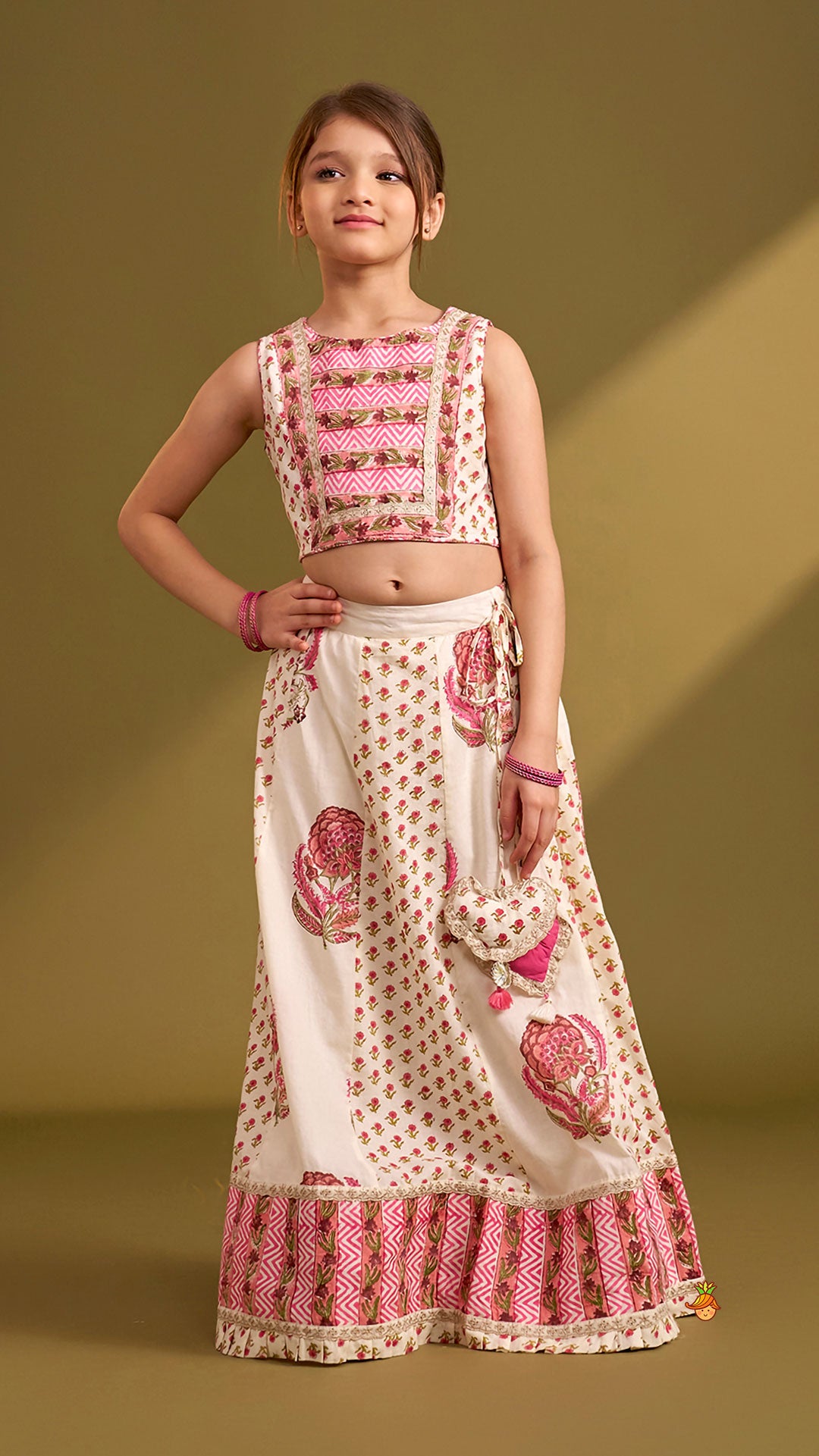 Hand Block Floral Printed Top And Pleated Hem Lehenga With Matching Dupatta