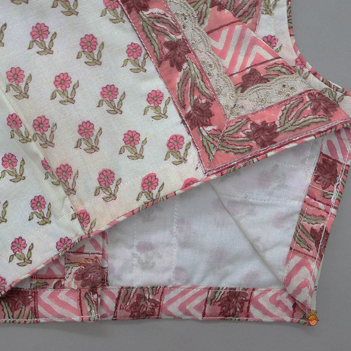 Hand Block Floral Printed Top And Pleated Hem Lehenga With Matching Dupatta