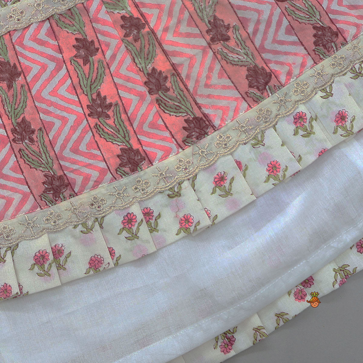 Hand Block Floral Printed Top And Pleated Hem Lehenga With Matching Dupatta