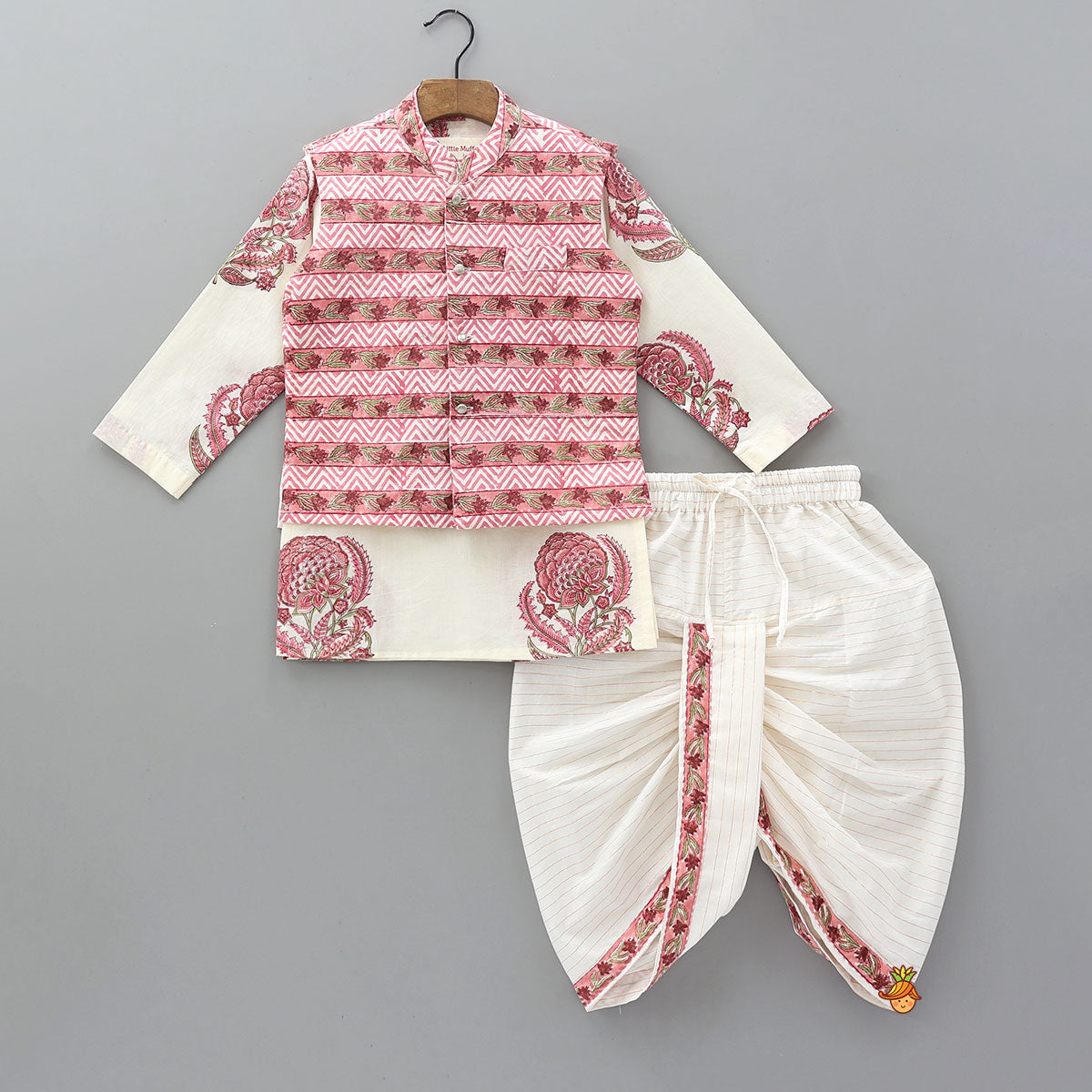Ethnic Kurta And Chevron Printed Jacket With Matching Dhoti