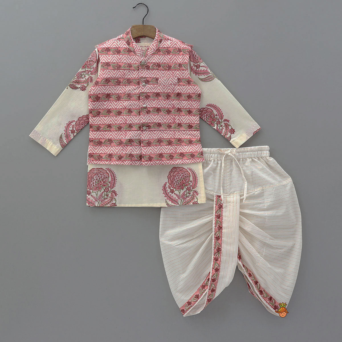 Ethnic Kurta And Chevron Printed Jacket With Matching Dhoti