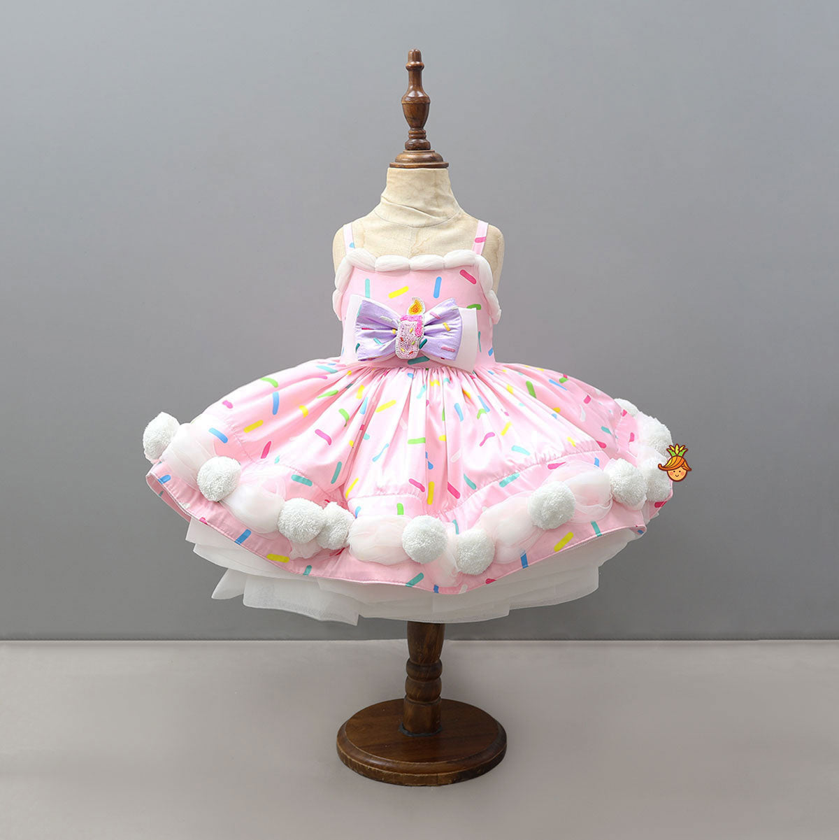 Sprinkle Print Flared Pom-Pom Party Dress With Matching Bow Headband