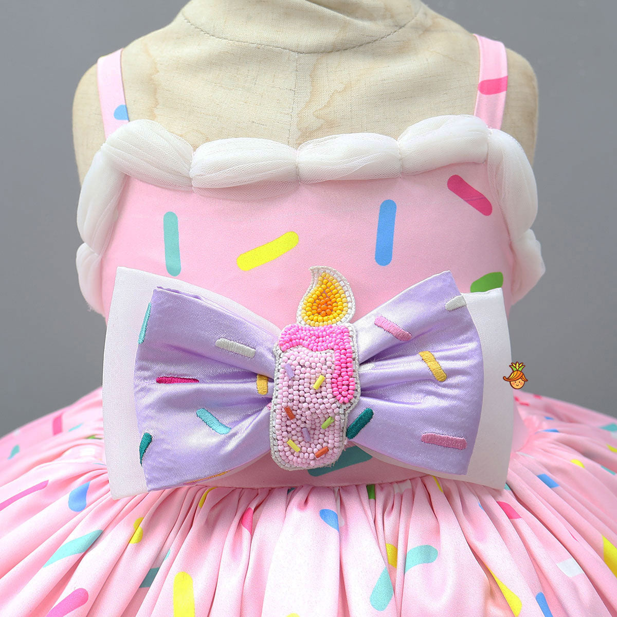 Sprinkle Print Flared Pom-Pom Party Dress With Matching Bow Headband