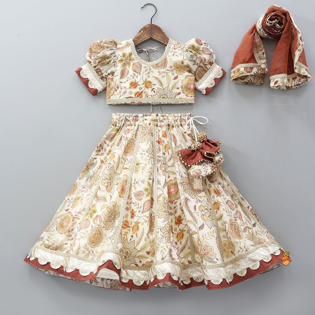 Round Neck Floral Top And Lace Work Lehenga With Matching Dupatta