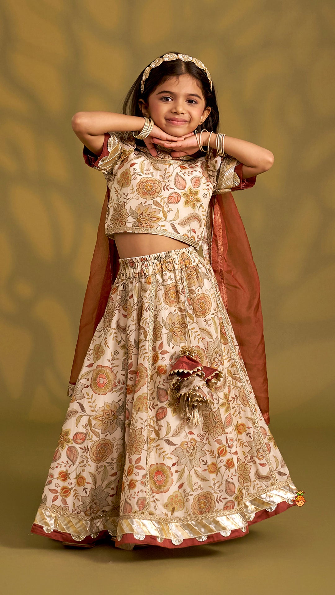 Round Neck Floral Top And Lace Work Lehenga With Matching Dupatta