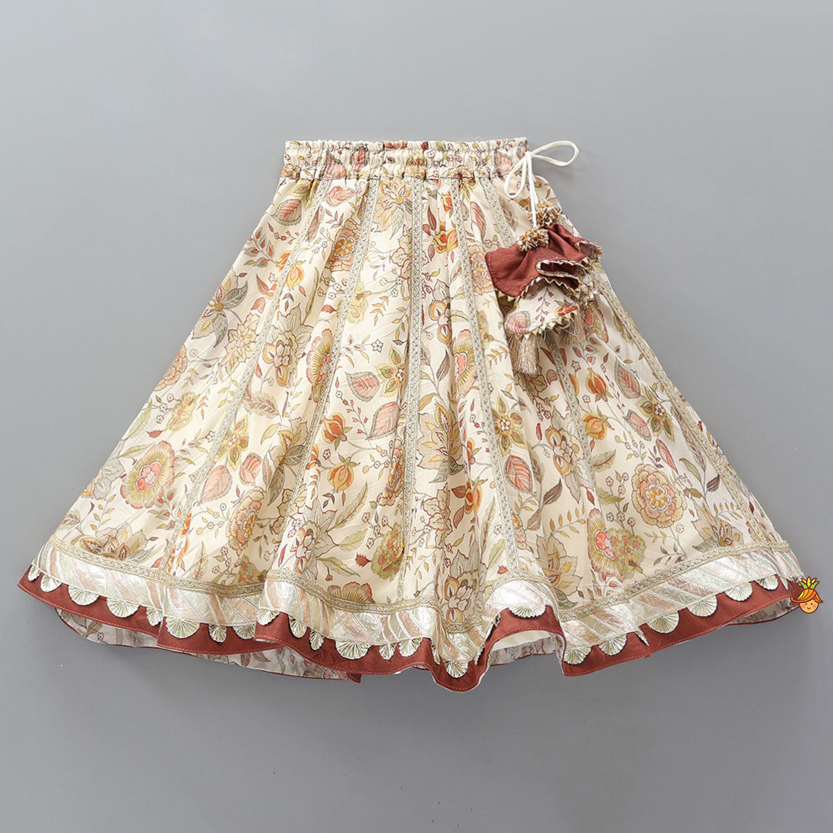 Round Neck Floral Top And Lace Work Lehenga With Matching Dupatta