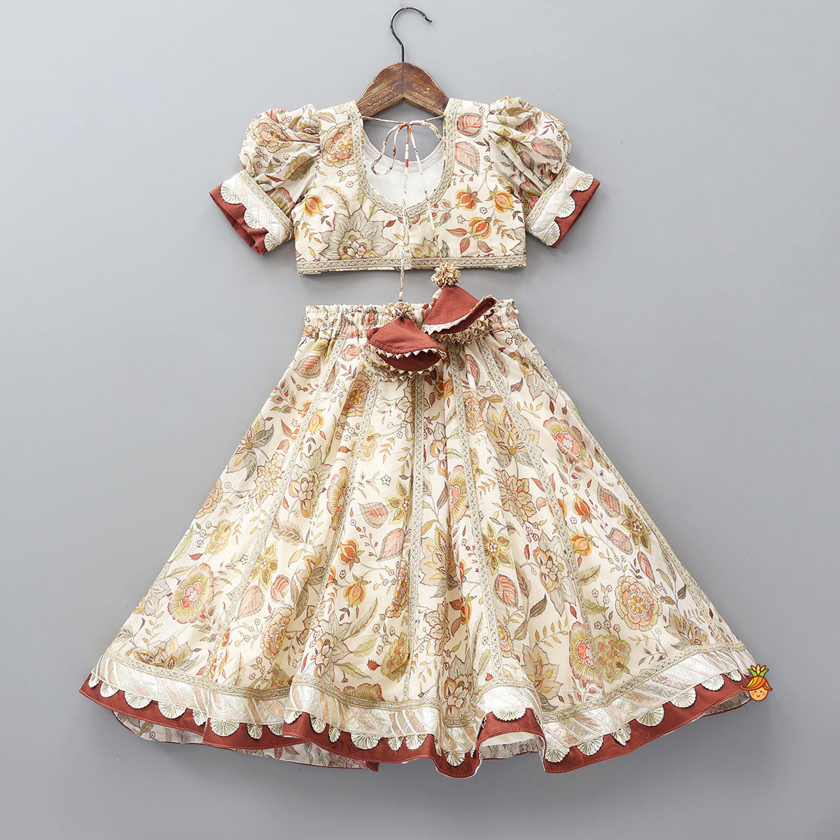 Round Neck Floral Top And Lace Work Lehenga With Matching Dupatta