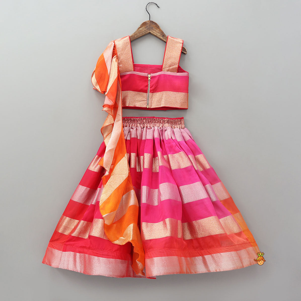 Floral Applique And Shimmery Striped Crop Top With Lehenga